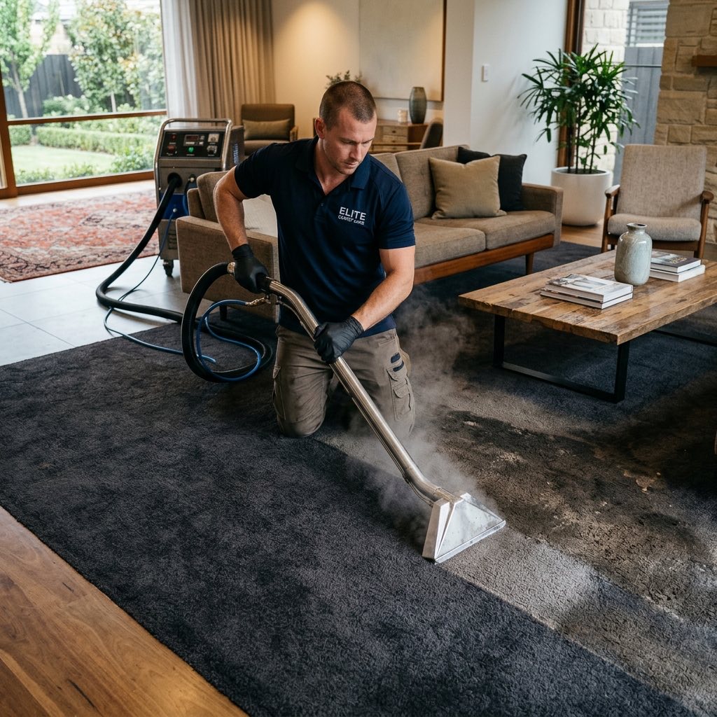 Carpet cleaning equipment working on a residential carpet