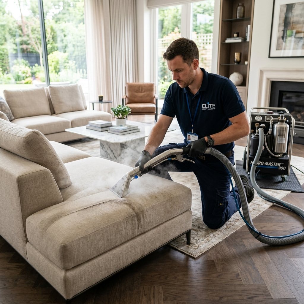 Upholstery cleaning equipment working on residential furniture